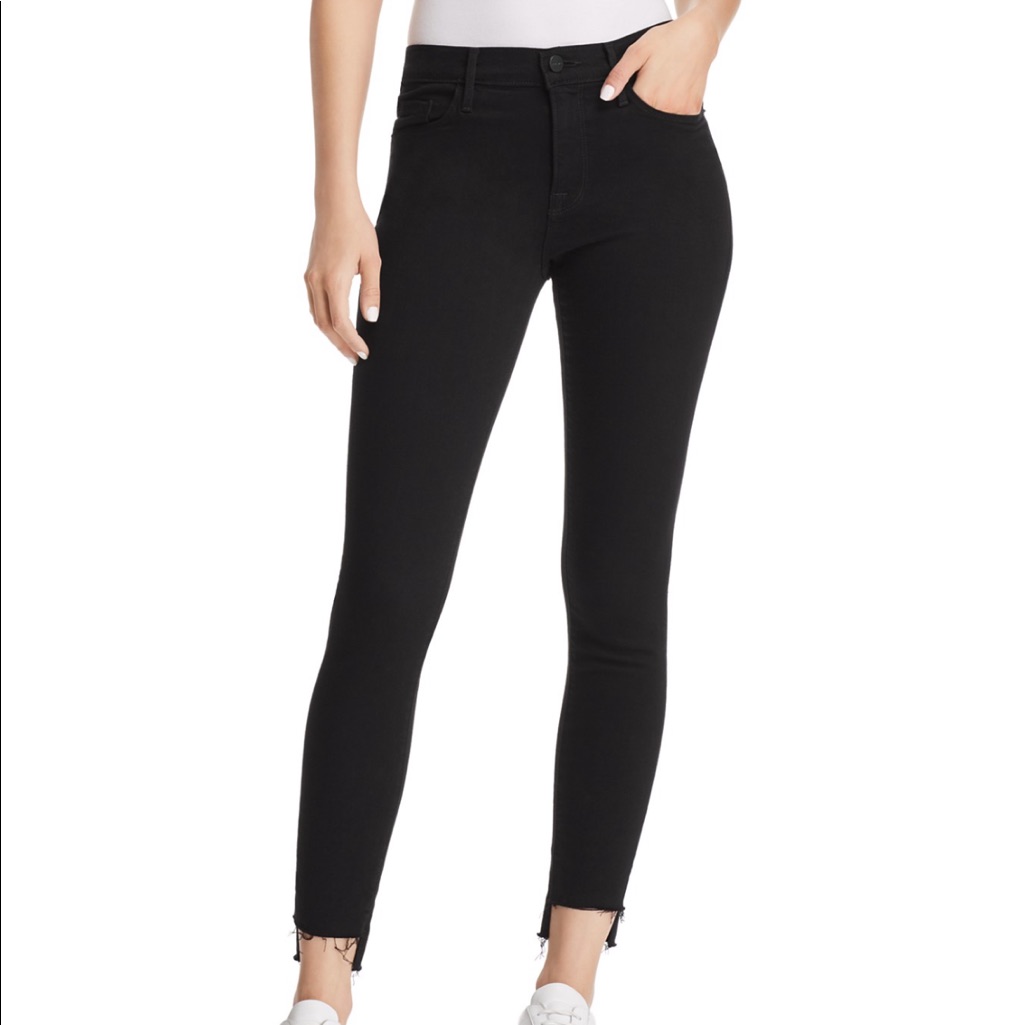 Frame High Skinny Le Noir Black Skinny Jeans With Ripped Hem, Great Quality